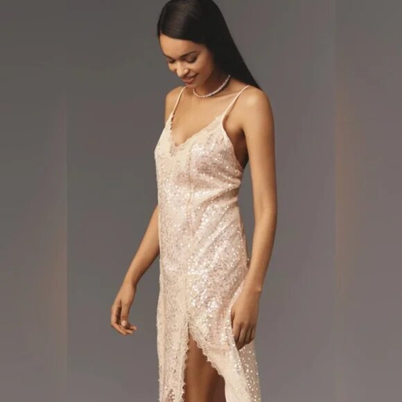 🌸💛Anthropologie En Elly V-Neck Lace Sequin Slip Midi Maxi Dress LARGE NWT $168 - Picture 3 of 11